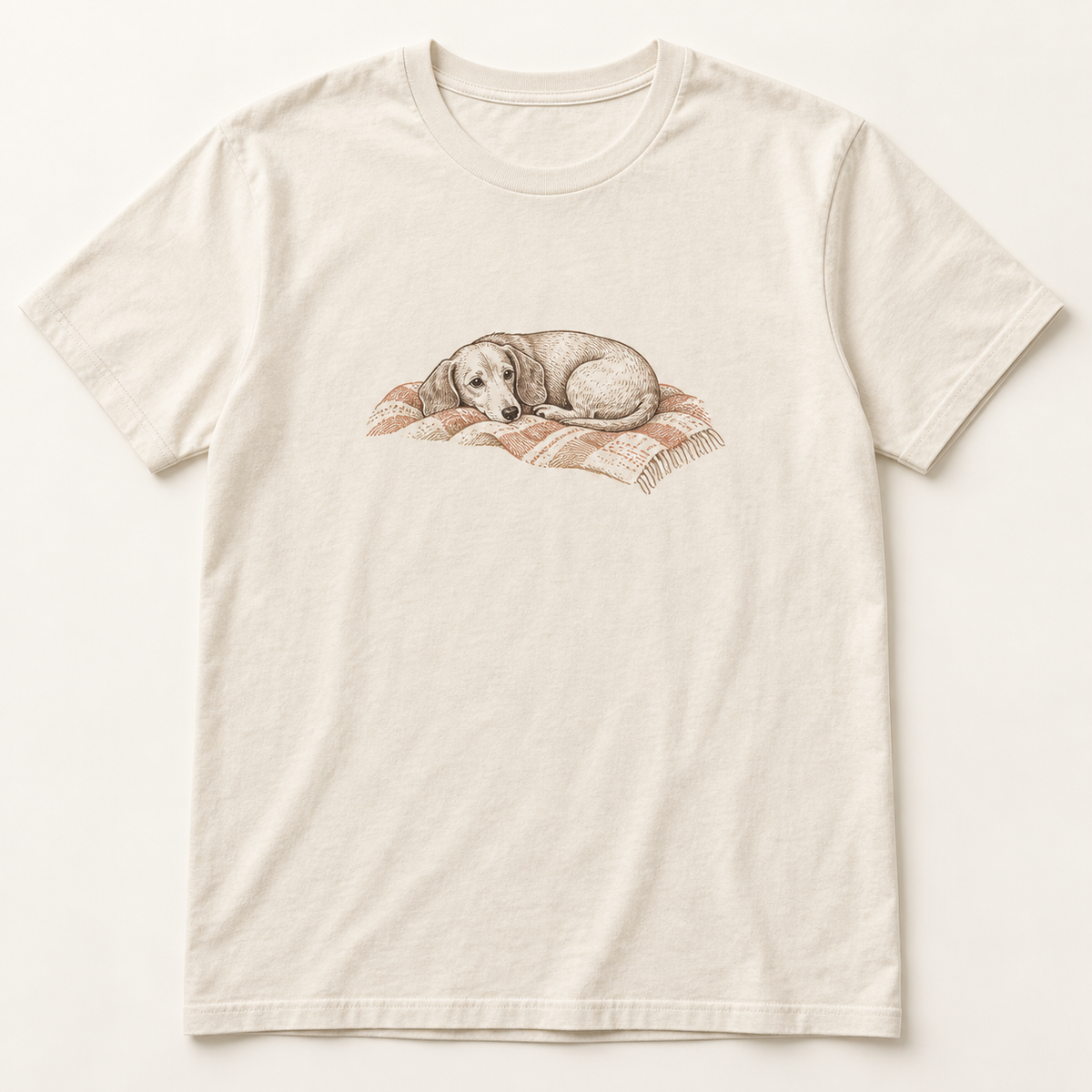 Demo cream tee with Dachshund artwork