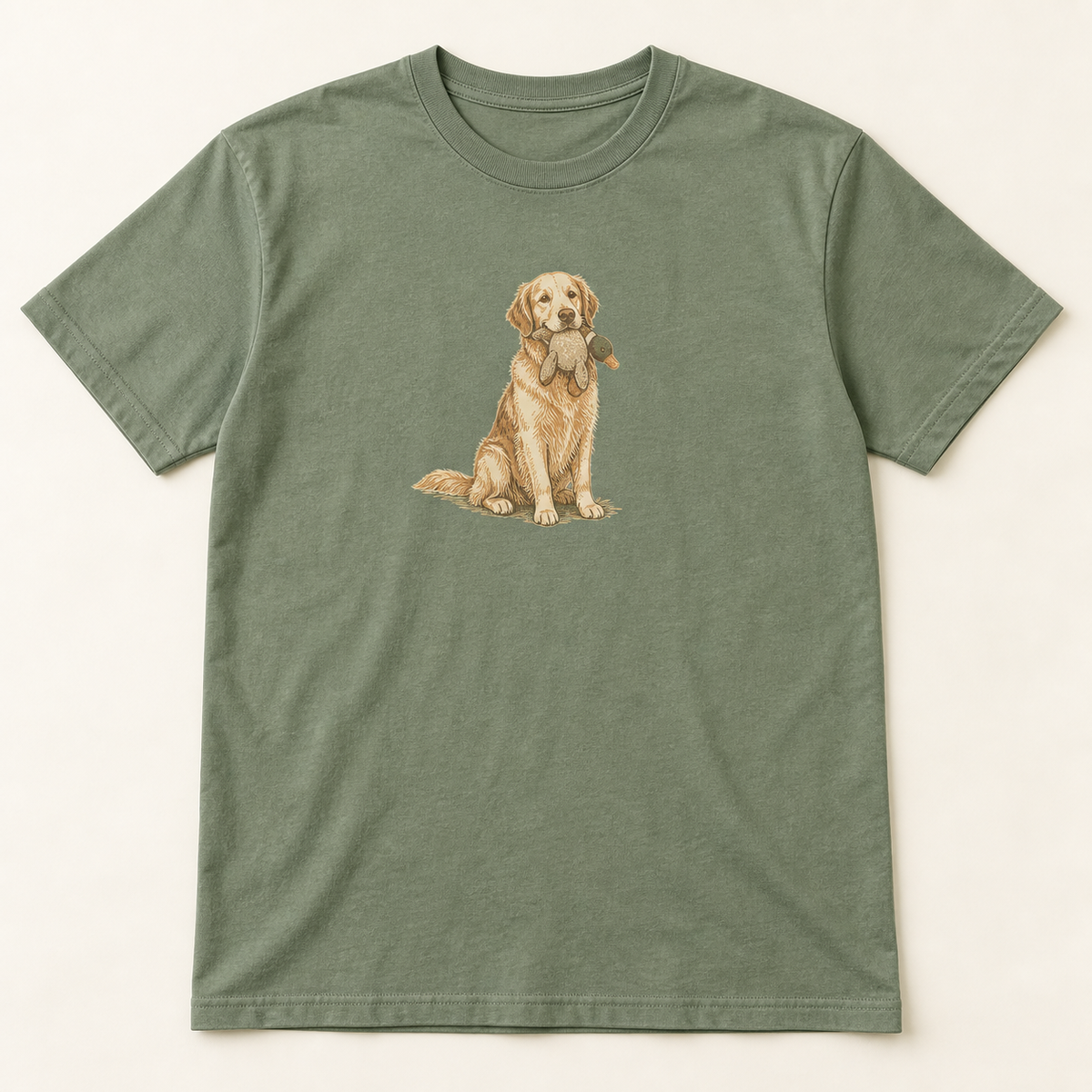 Demo sage tee with Golden Retriever artwork