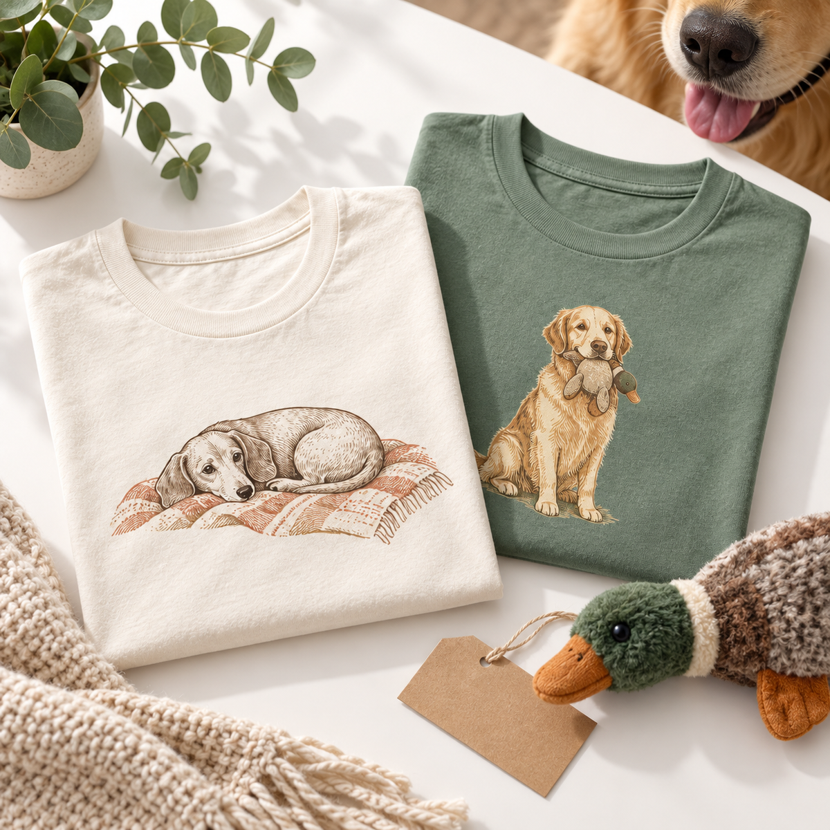 Cream Dachshund and sage Golden Retriever graphic tees folded on a bright tabletop.